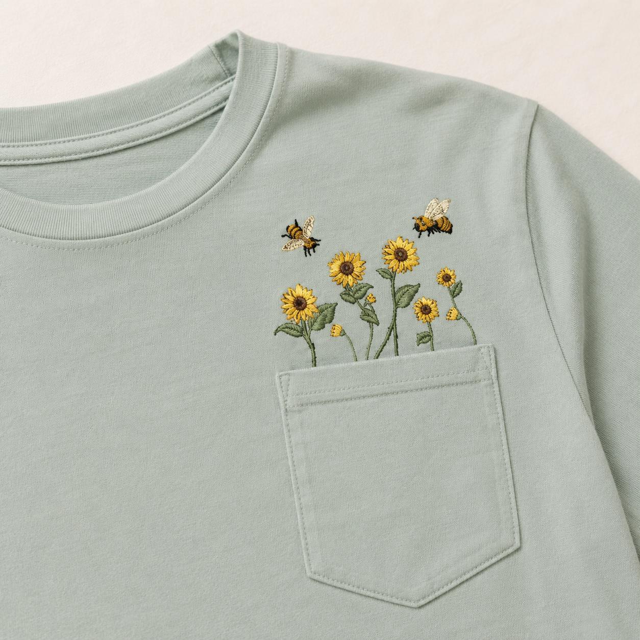 Pullover Bee and Sunflower pocket Embroidered Shirt
