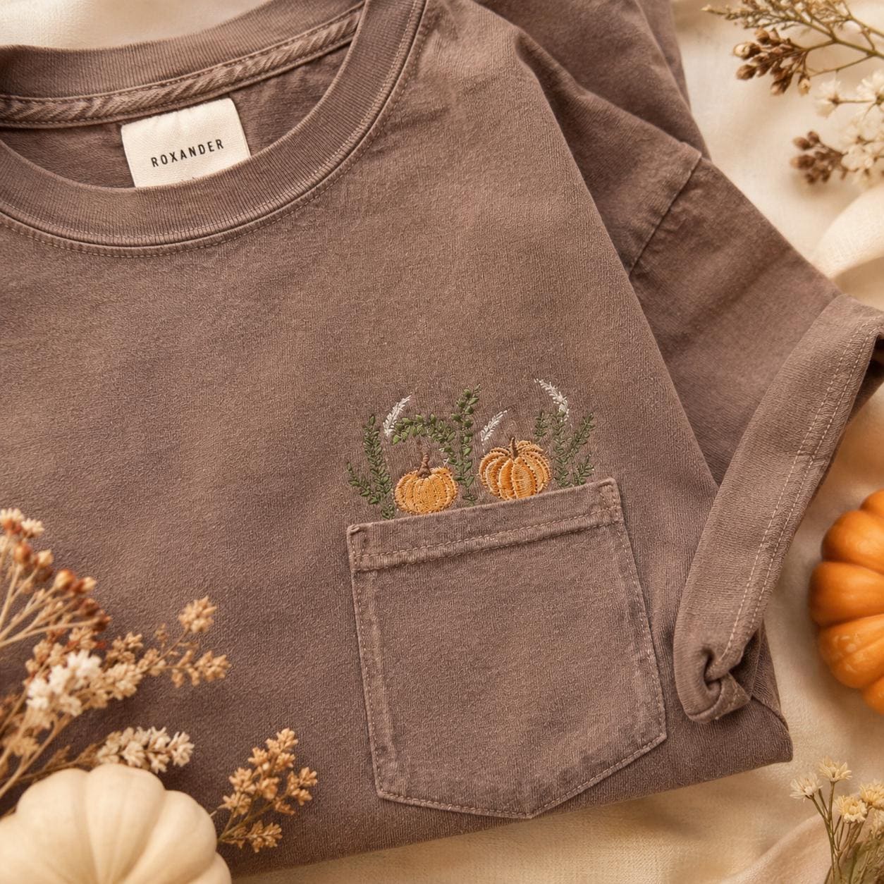 Fall Harvest Pumpkins Embroidered Pocket Pullover Shirt