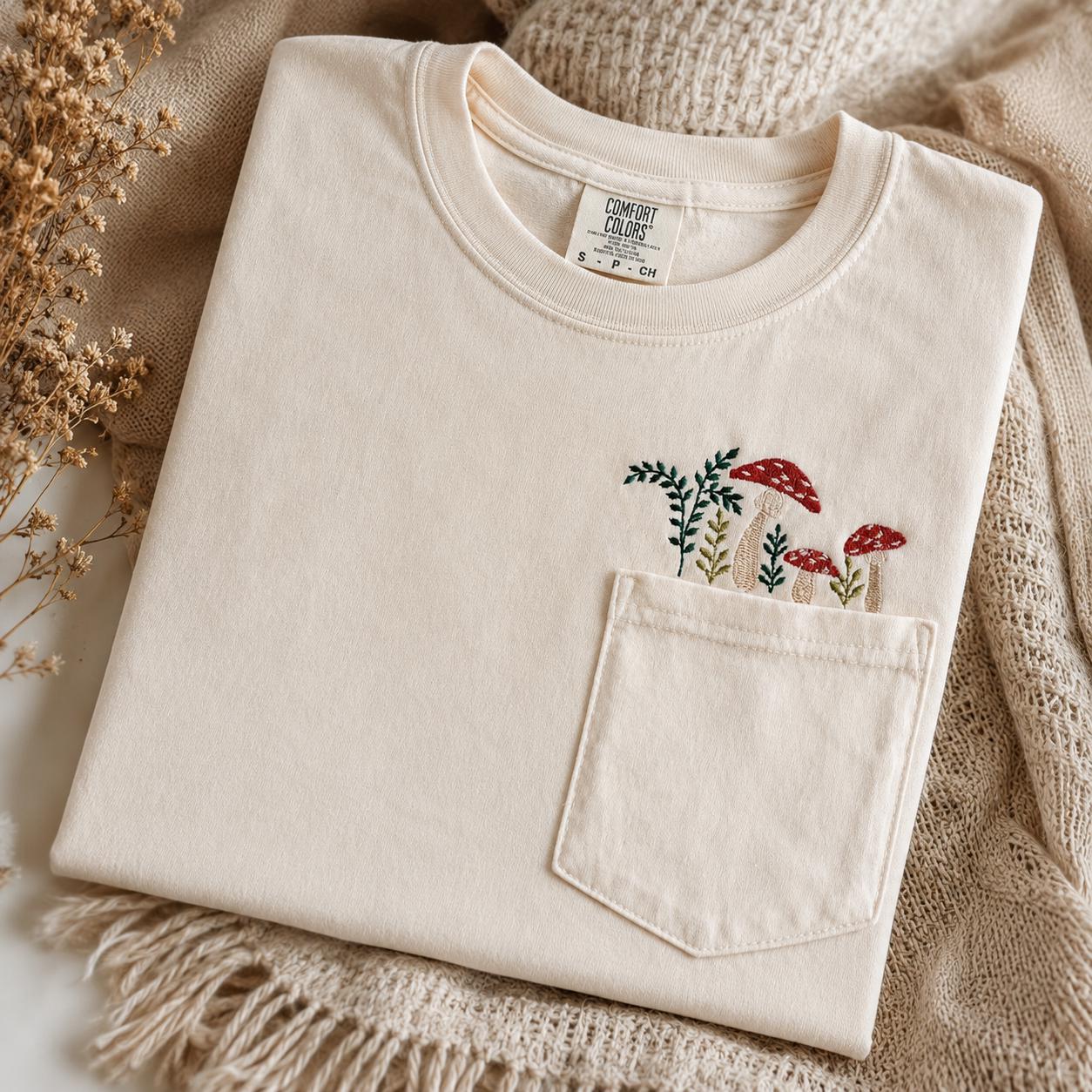 Pullover Mushroom Forest pocket Embroidered Shirt