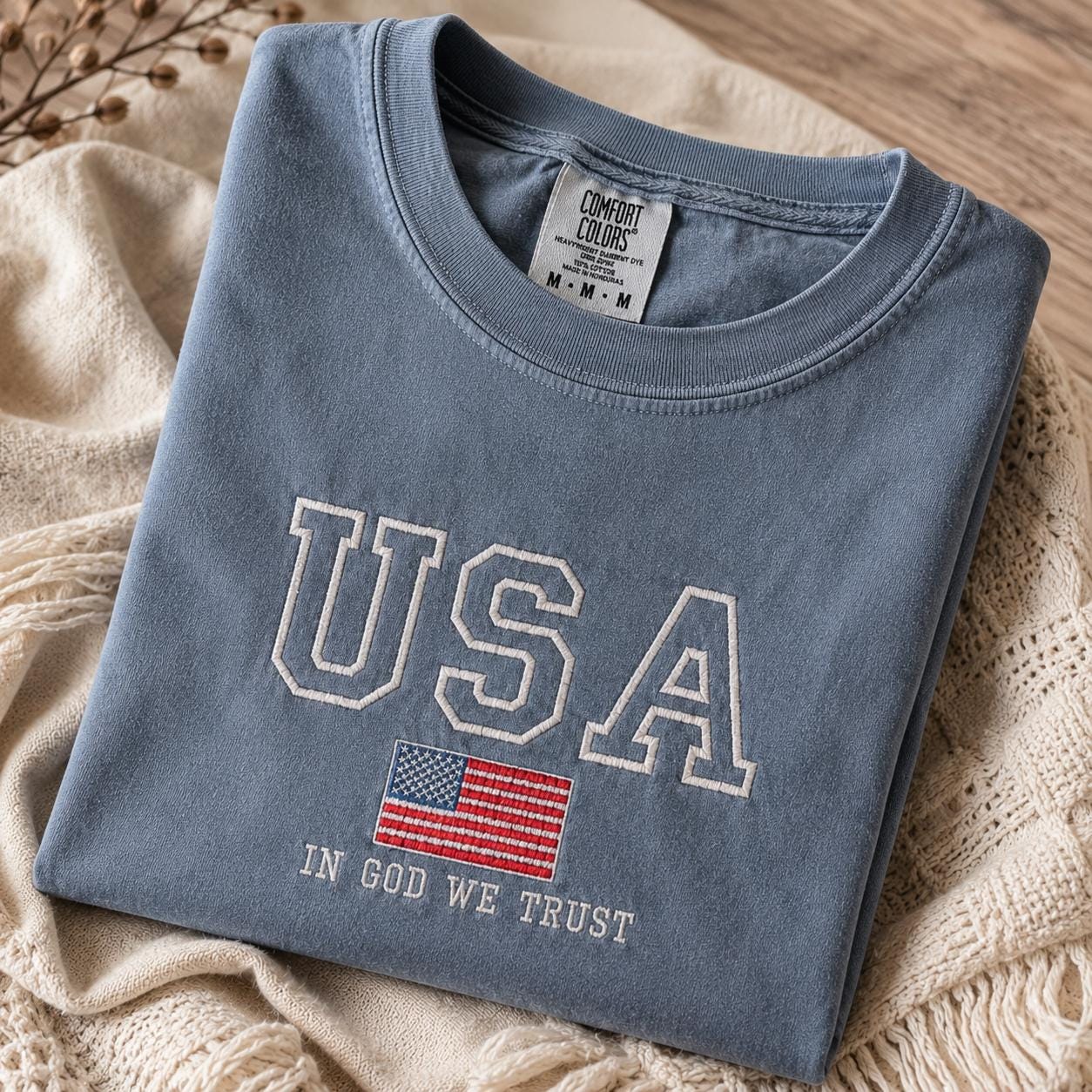 USA Flag Pullover In God We Trust Embroidered Shirt