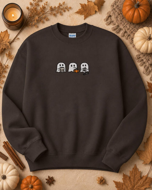Fall Harvest Ghost Vibes Embroidered Pullover Sweatshirt