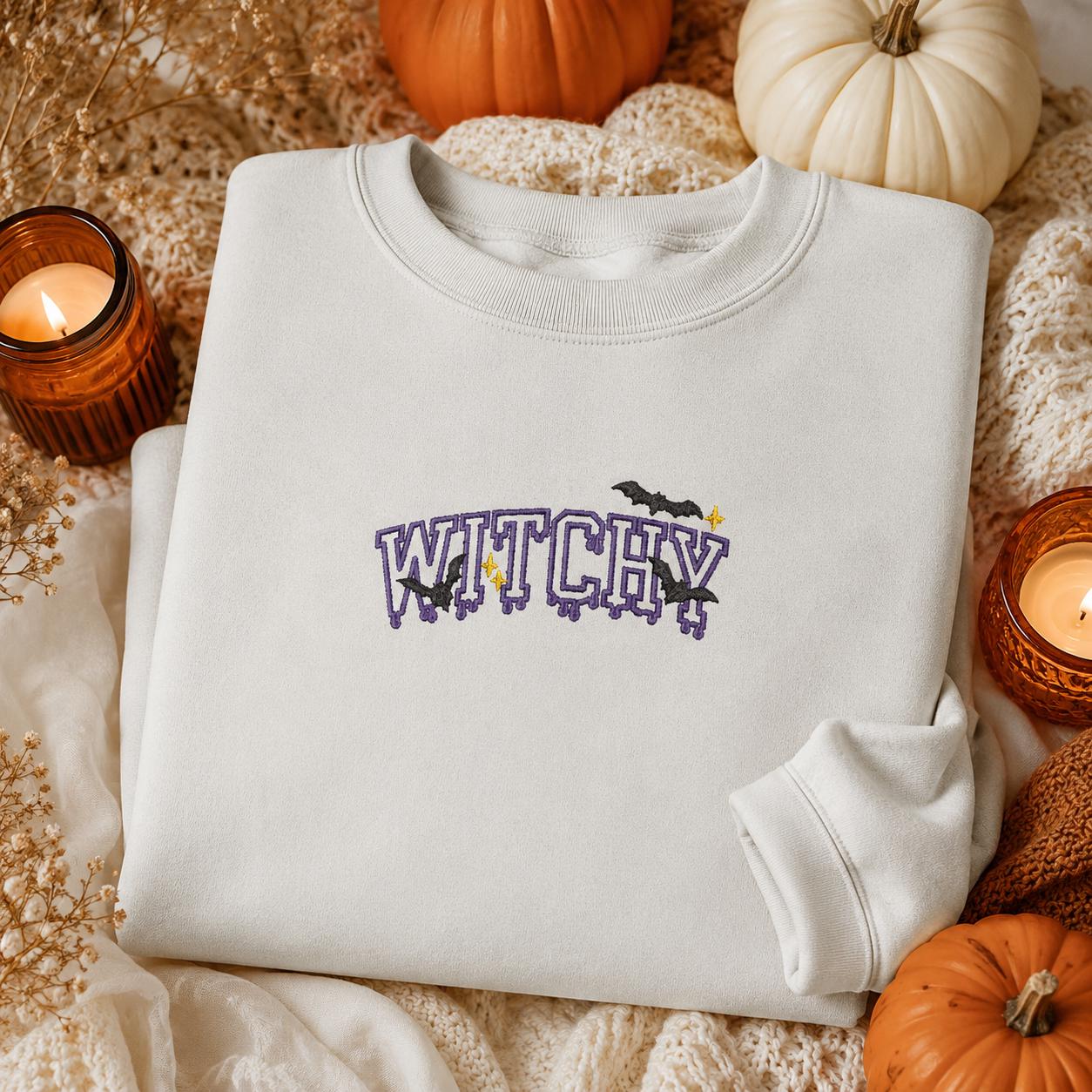 Witchy Halloween Themed Embroidered Pullover Sweatshirt