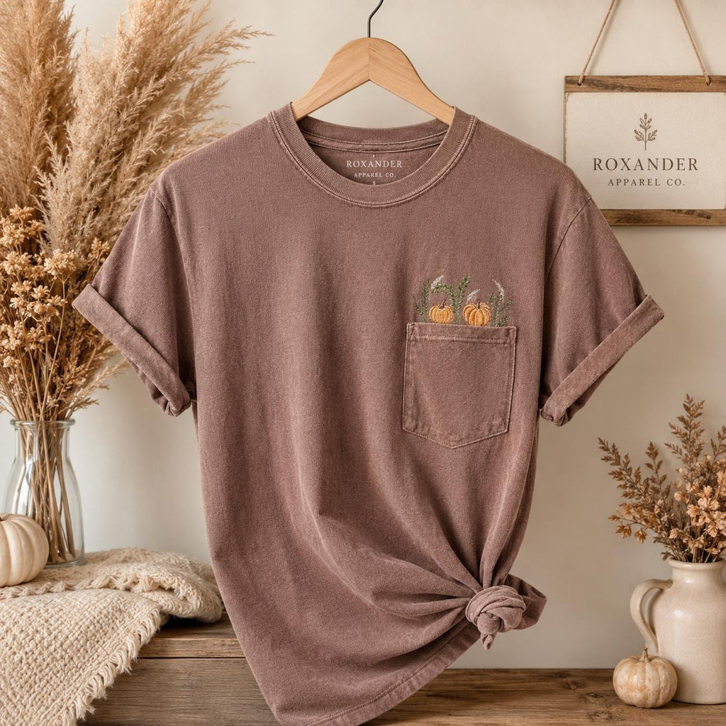 Fall Harvest Pumpkins Embroidered Pocket Pullover Shirt