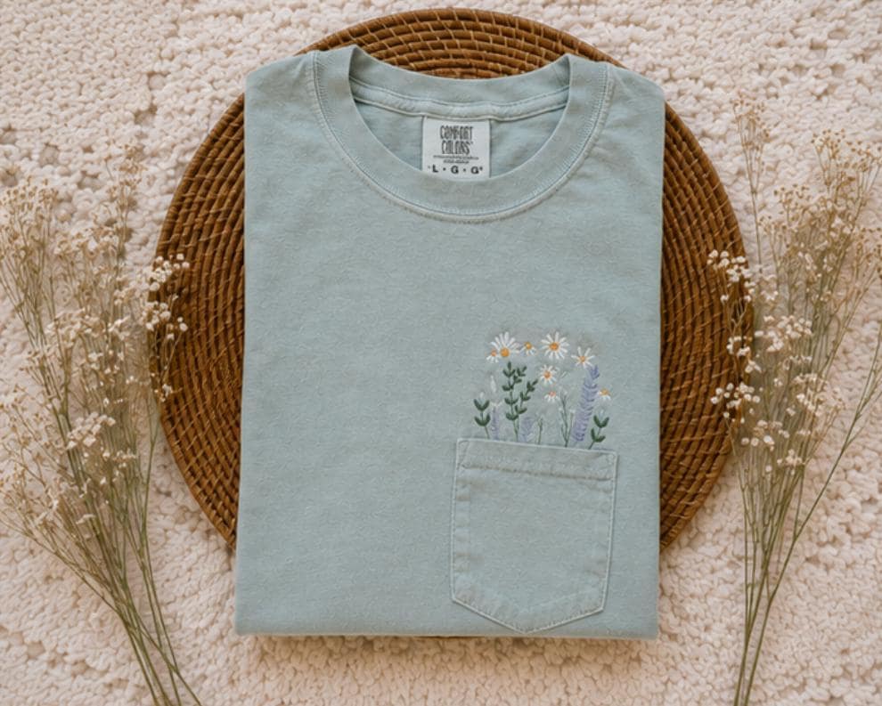 Pullover Spring Flower pocket Embroidered Shirt