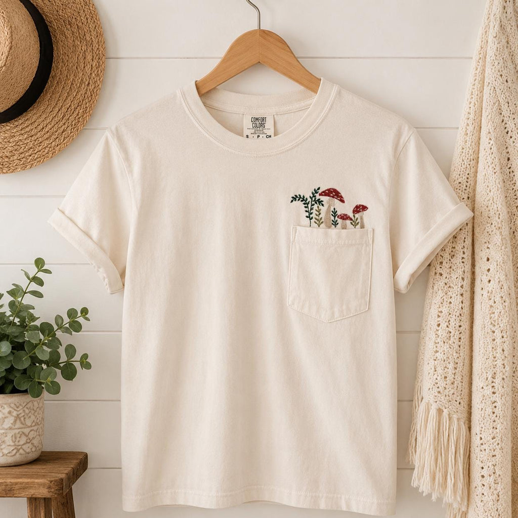 Pullover Mushroom Forest pocket Embroidered Shirt