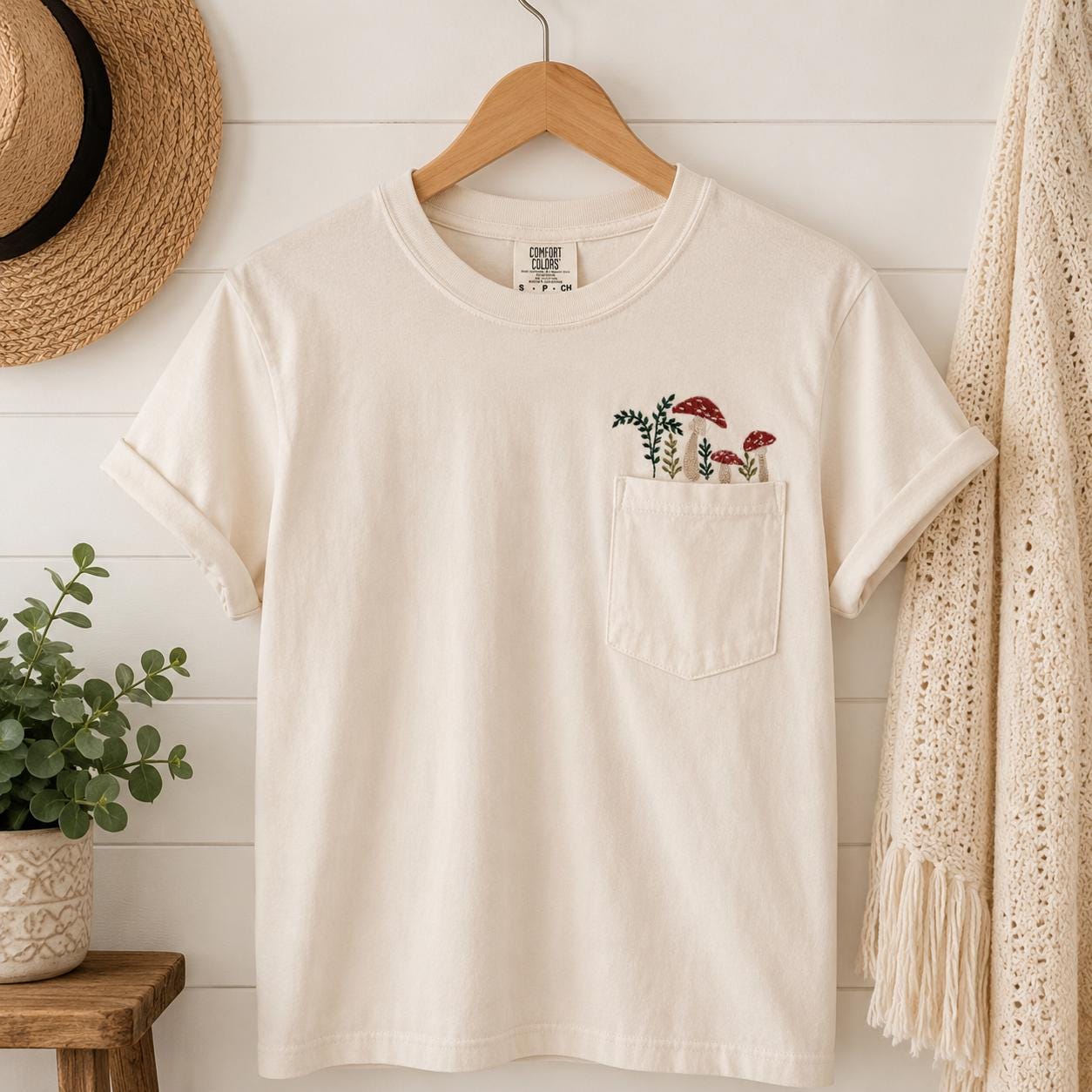 Pullover Mushroom Forest pocket Embroidered Shirt