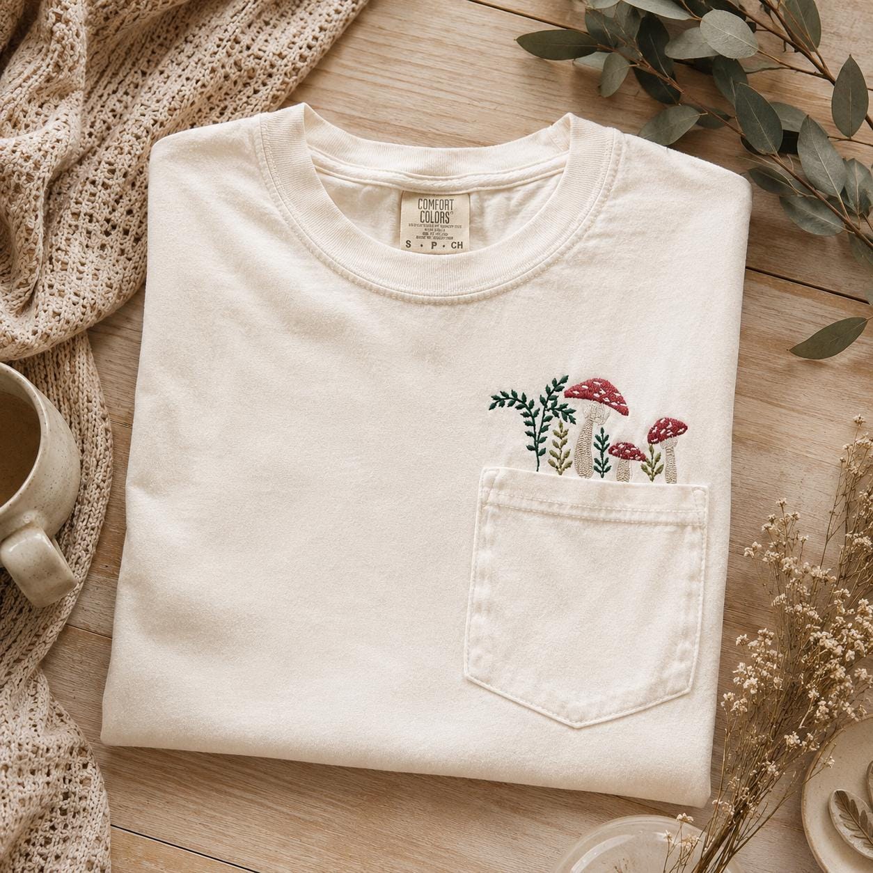 Pullover Mushroom Forest pocket Embroidered Shirt