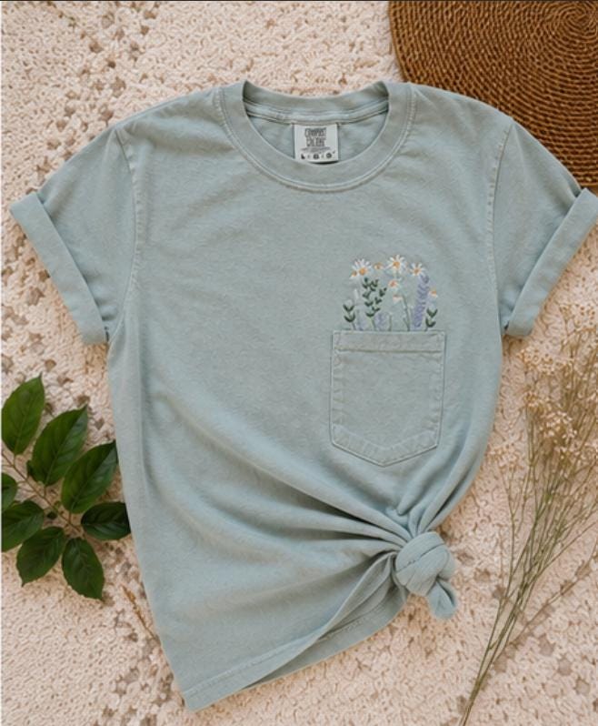 Pullover Spring Flower pocket Embroidered Shirt