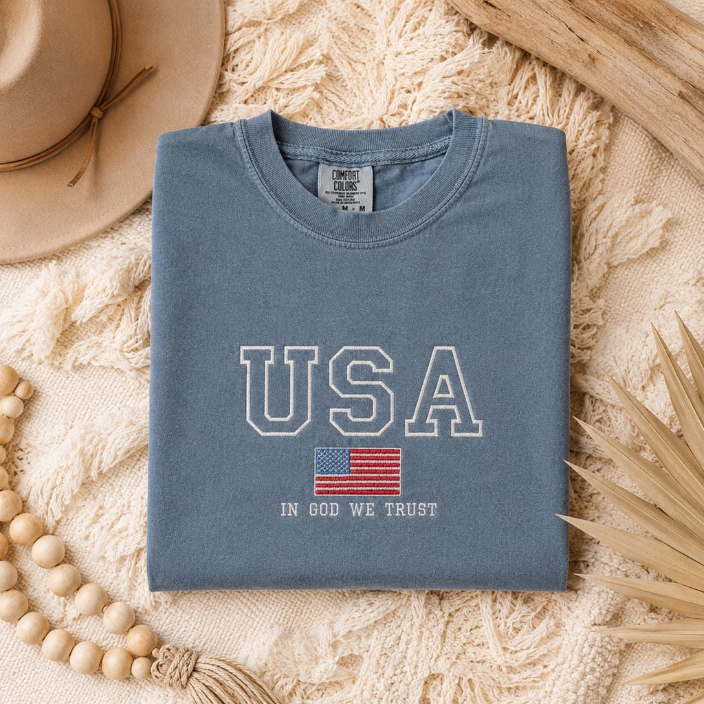 USA Flag Pullover In God We Trust Embroidered Shirt