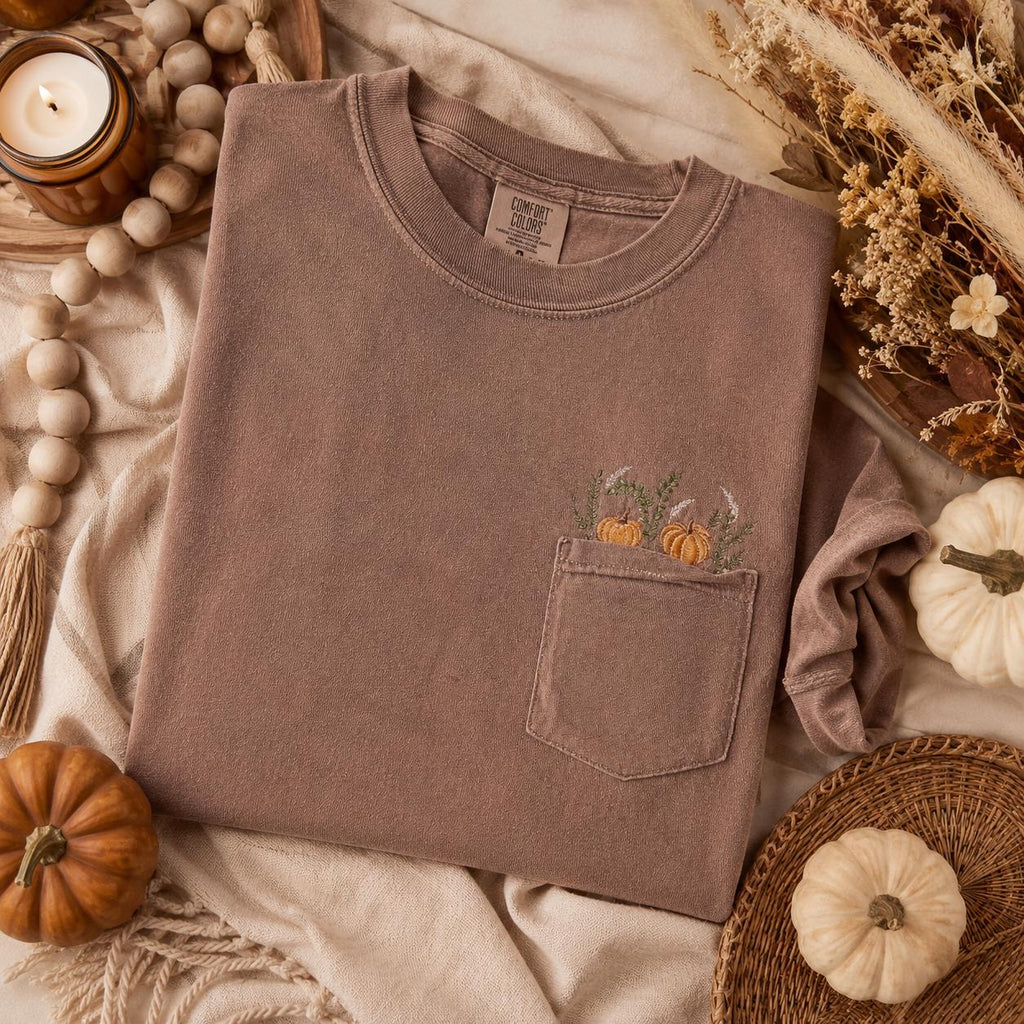 Fall Harvest Pumpkins Embroidered Pocket Pullover Shirt