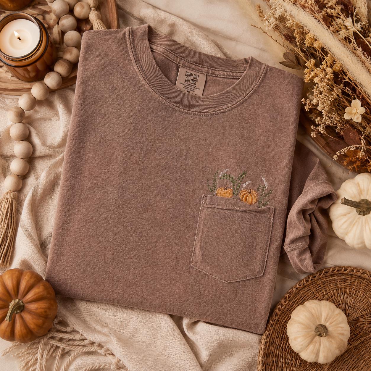 Fall Harvest Pumpkins Embroidered Pocket Pullover Shirt