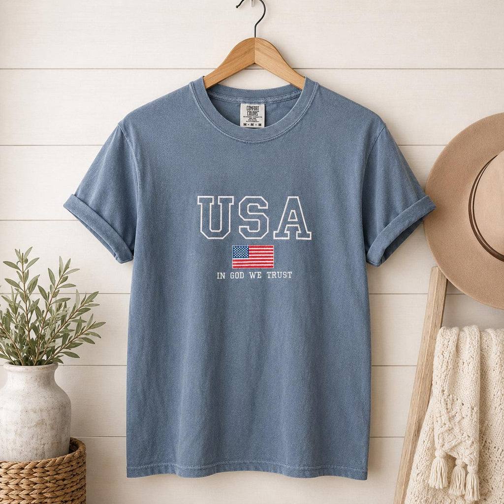 USA Flag Pullover In God We Trust Embroidered Shirt