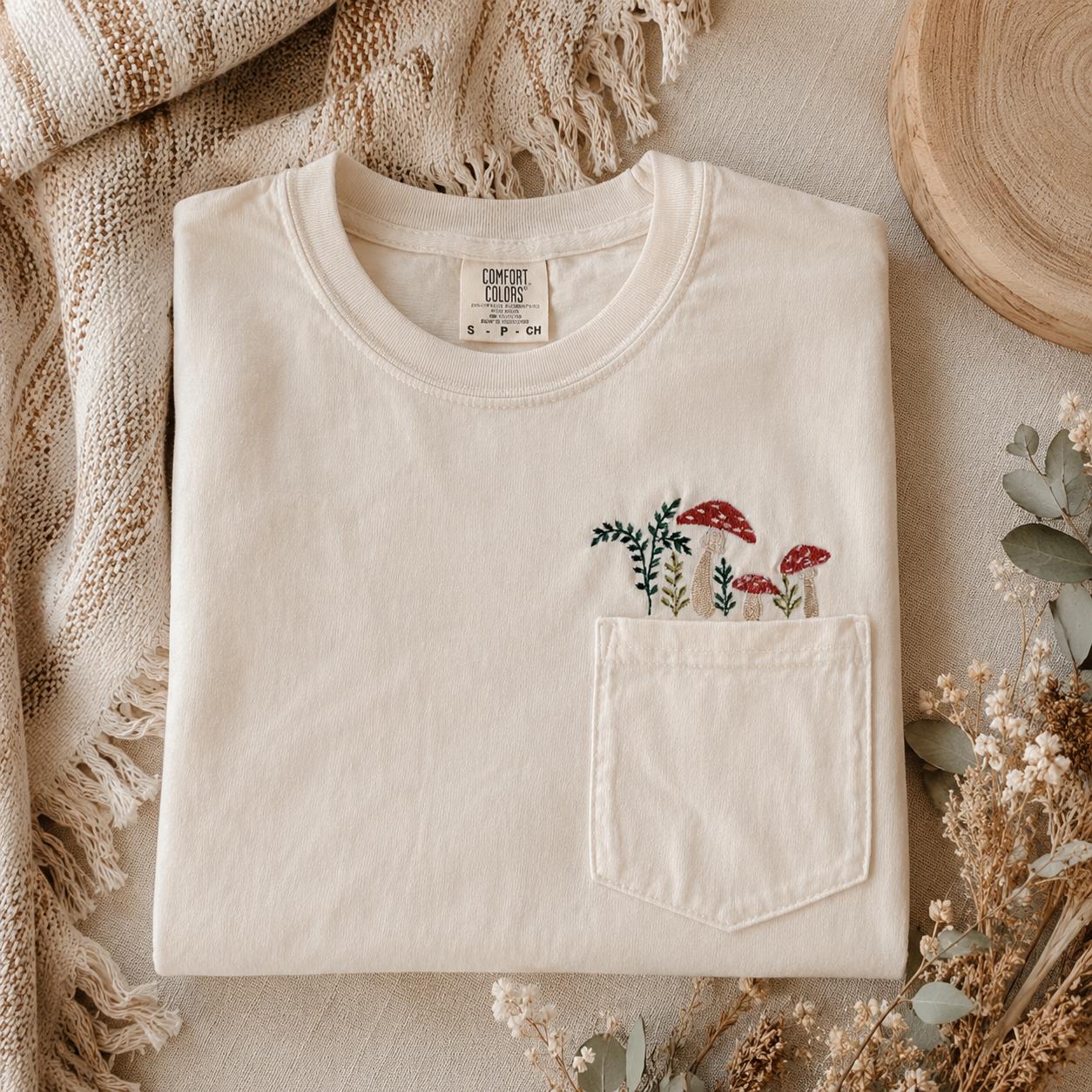 Pullover Mushroom Forest pocket Embroidered Shirt