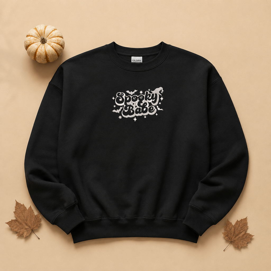 Spooky Babe Embroidered Sweatshirt, Witchy Halloween Crewneck, Cotton Polyester Blend