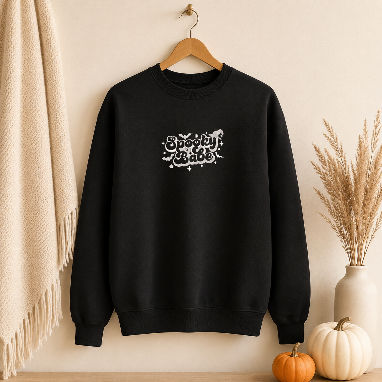 Spooky Babe Embroidered Sweatshirt, Witchy Halloween Crewneck, Cotton Polyester Blend