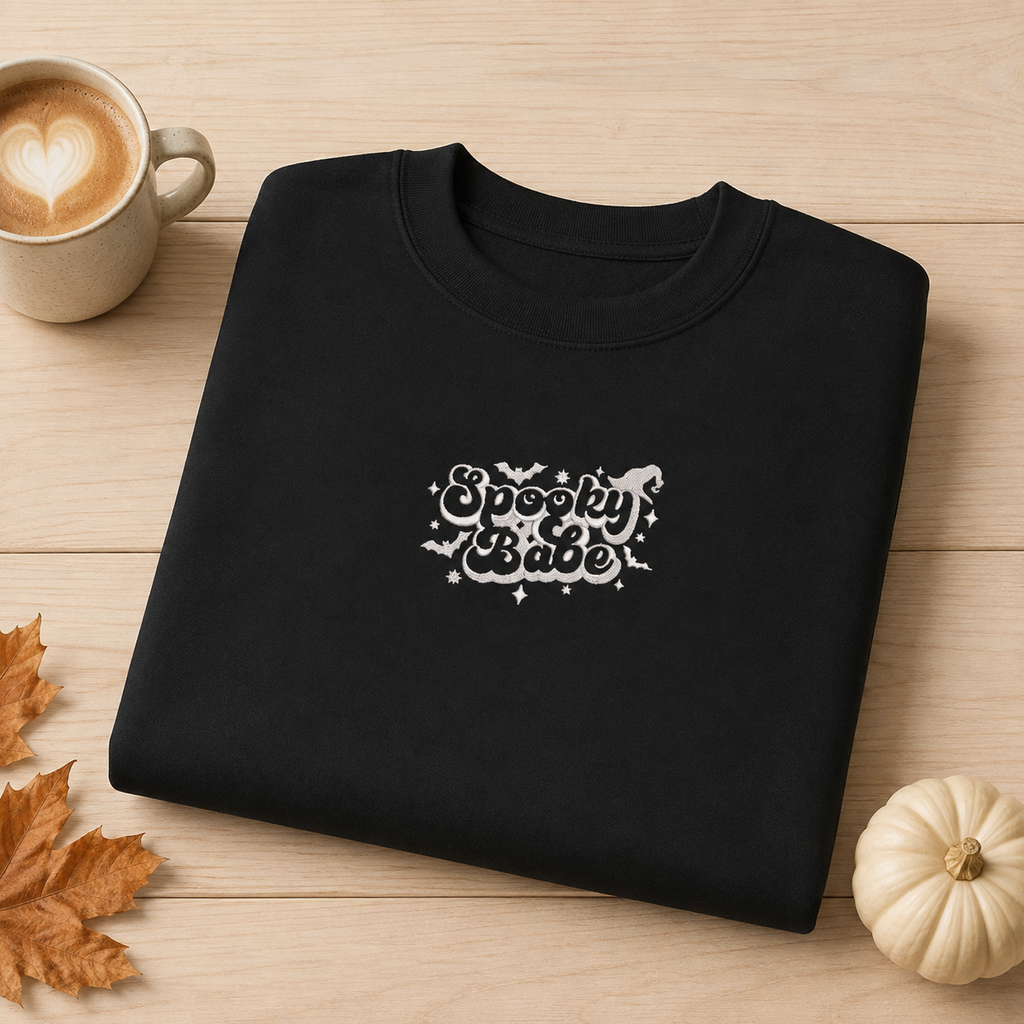 Spooky Babe Embroidered Sweatshirt, Witchy Halloween Crewneck, Cotton Polyester Blend