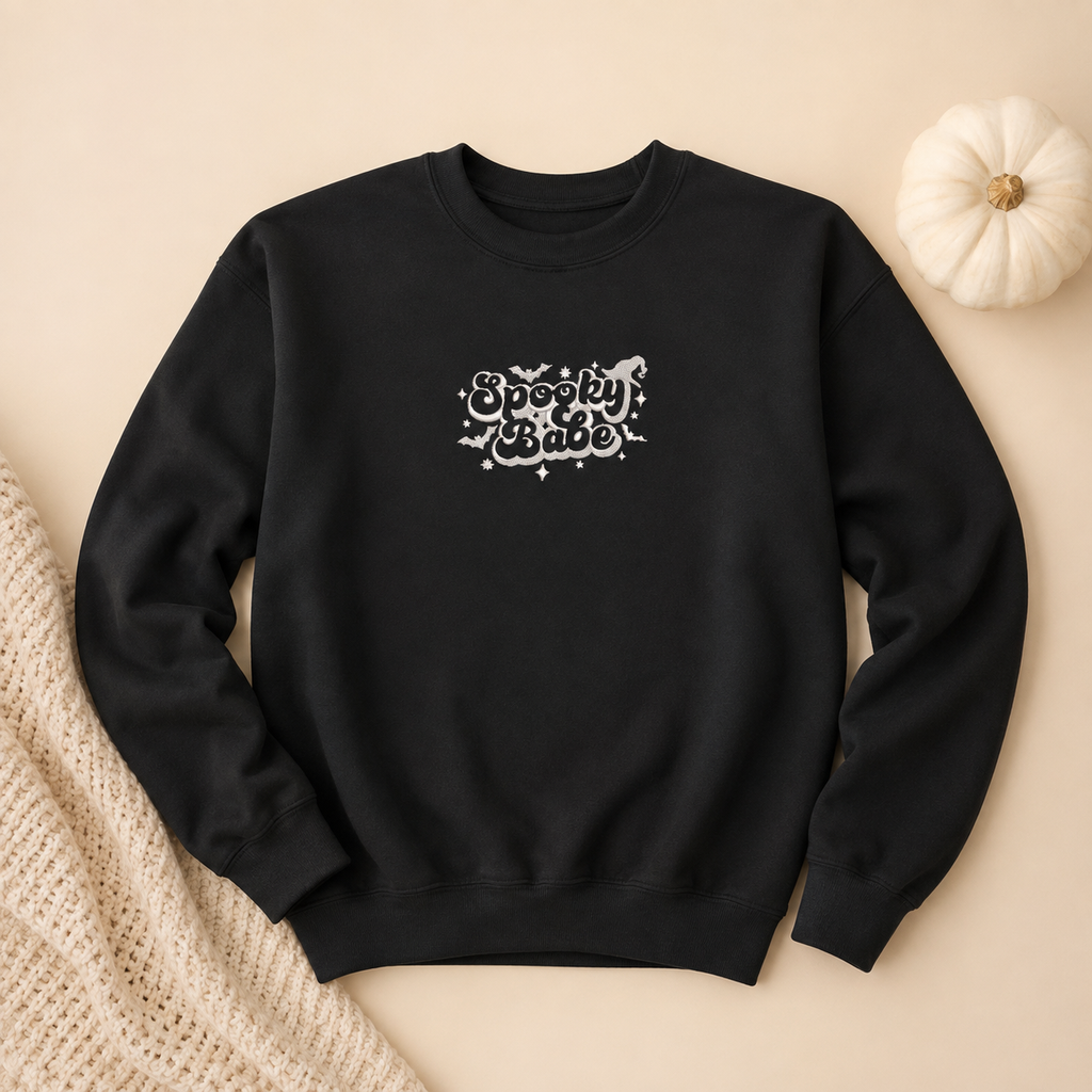 Spooky Babe Embroidered Sweatshirt, Witchy Halloween Crewneck, Cotton Polyester Blend