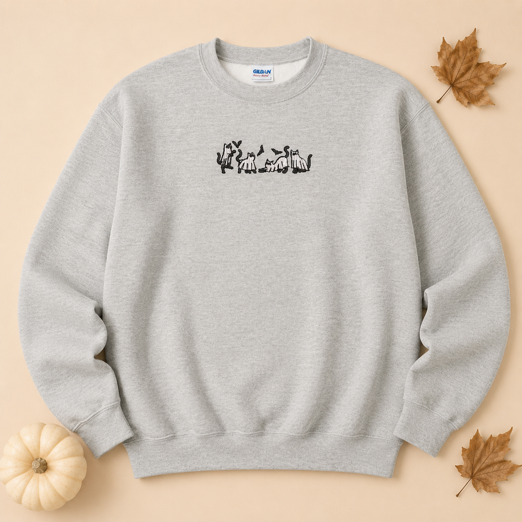 Ghost Cats Embroidered Pullover Halloween Sweatshirt, Applique Tee, Coquette, Crewneck, Cozy Season Gift, Spooky, gift for her