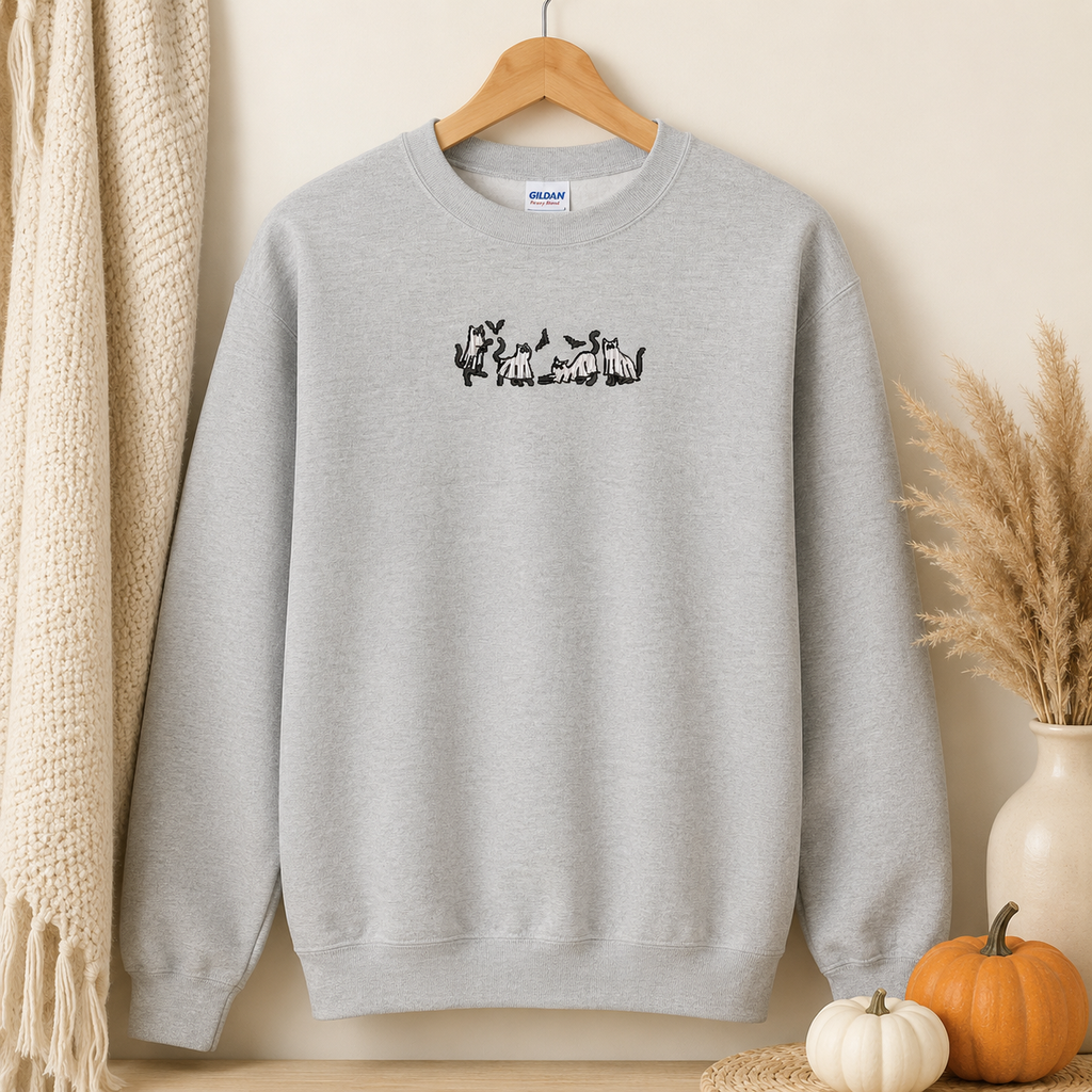 Ghost Cats Embroidered Pullover Halloween Sweatshirt, Applique Tee, Coquette, Crewneck, Cozy Season Gift, Spooky, gift for her