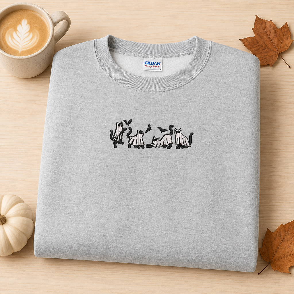 Ghost Cats Embroidered Pullover Halloween Sweatshirt, Applique Tee, Coquette, Crewneck, Cozy Season Gift, Spooky, gift for her