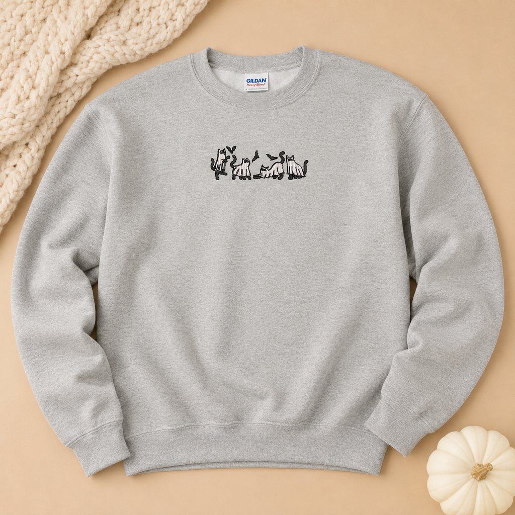 Ghost Cats Embroidered Pullover Halloween Sweatshirt, Applique Tee, Coquette, Crewneck, Cozy Season Gift, Spooky, gift for her