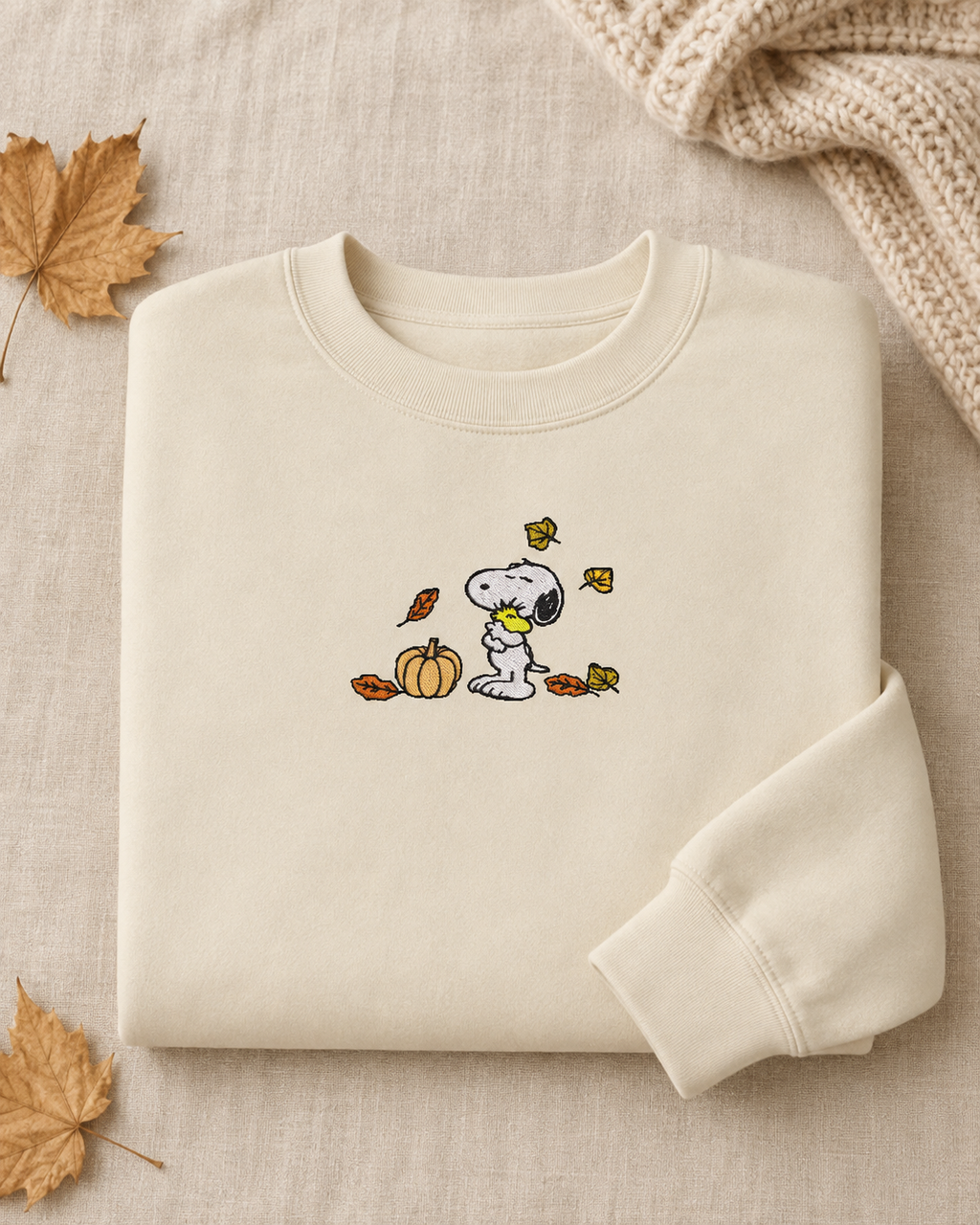 Fall Snoopy and Woodstock Embroidered Pullover Sweater