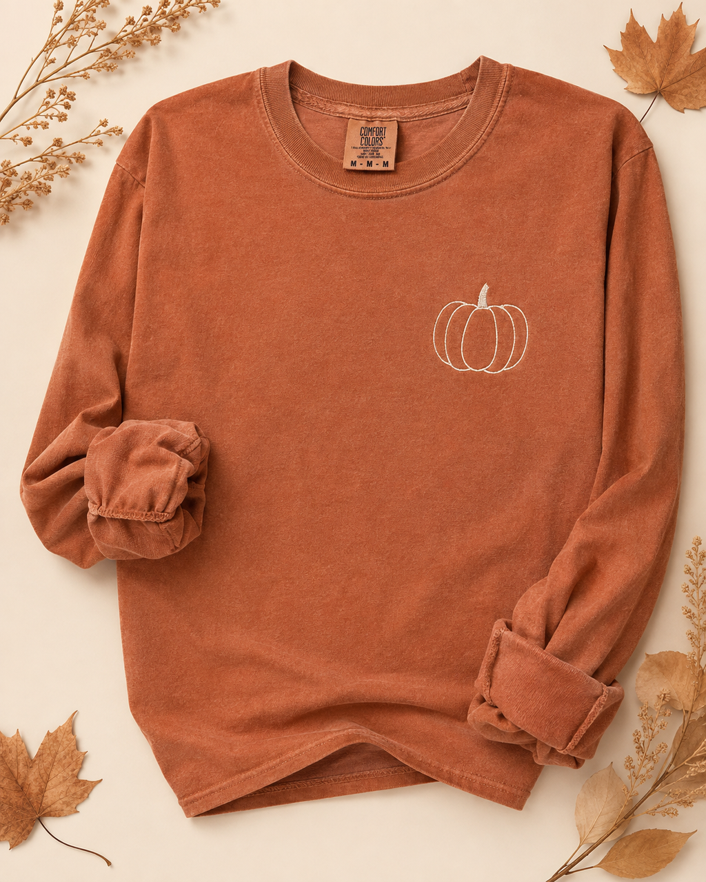 Pumpkin Embroidered Pullover Long Sleeve Shirt, Comfort Colors Cotton, Fall Harvest Pumpkin
