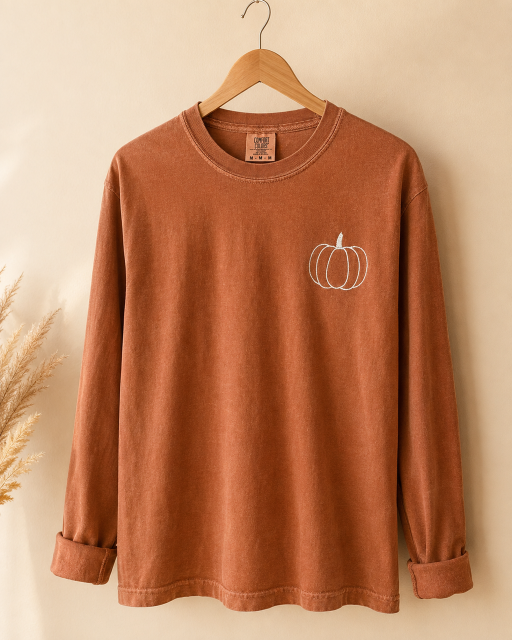 Pumpkin Embroidered Pullover Long Sleeve Shirt, Comfort Colors Cotton, Fall Harvest Pumpkin