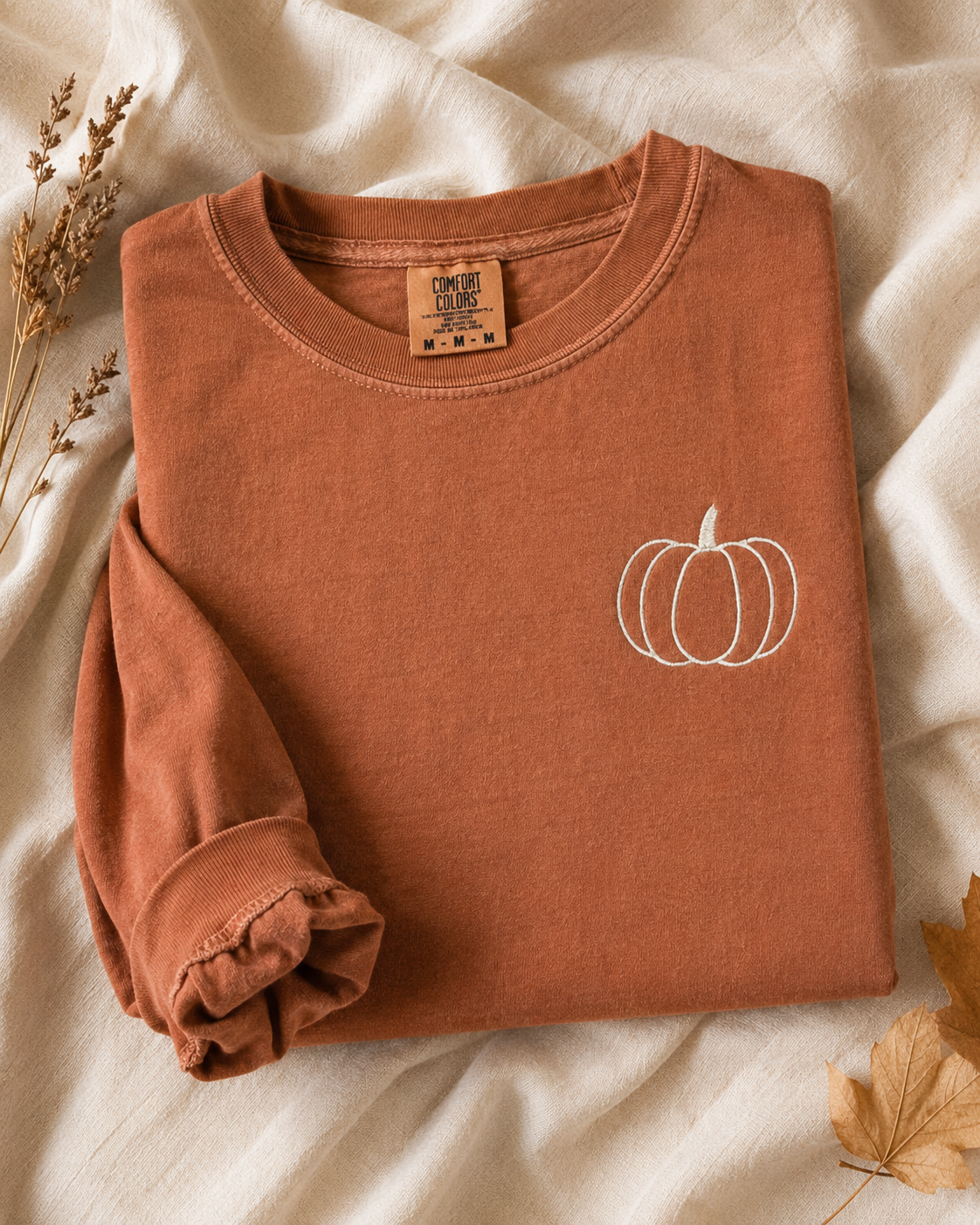 Pumpkin Embroidered Pullover Long Sleeve Shirt, Comfort Colors Cotton, Fall Harvest Pumpkin