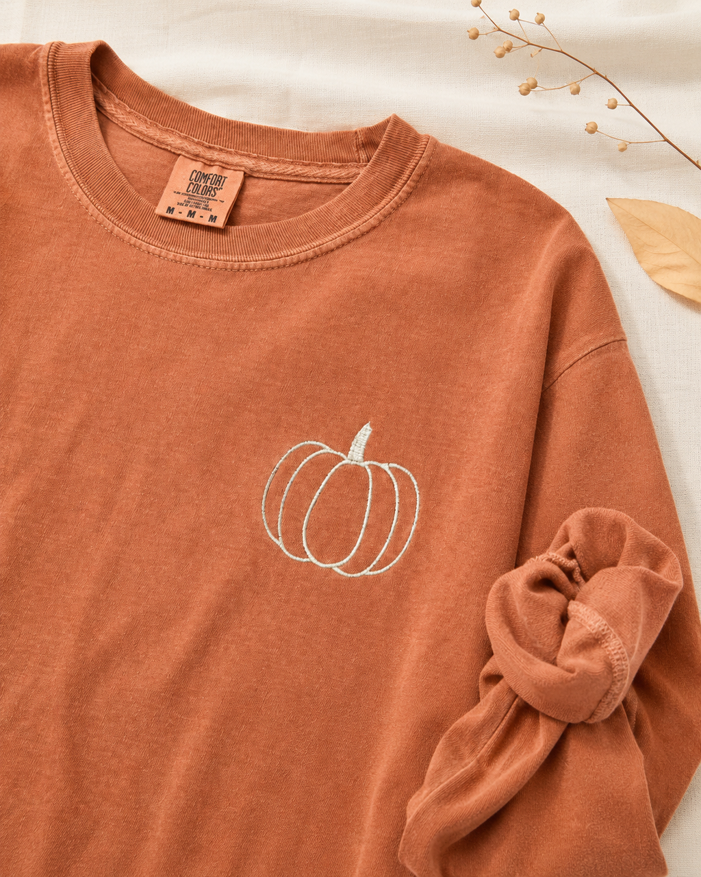 Pumpkin Embroidered Pullover Long Sleeve Shirt, Comfort Colors Cotton, Fall Harvest Pumpkin