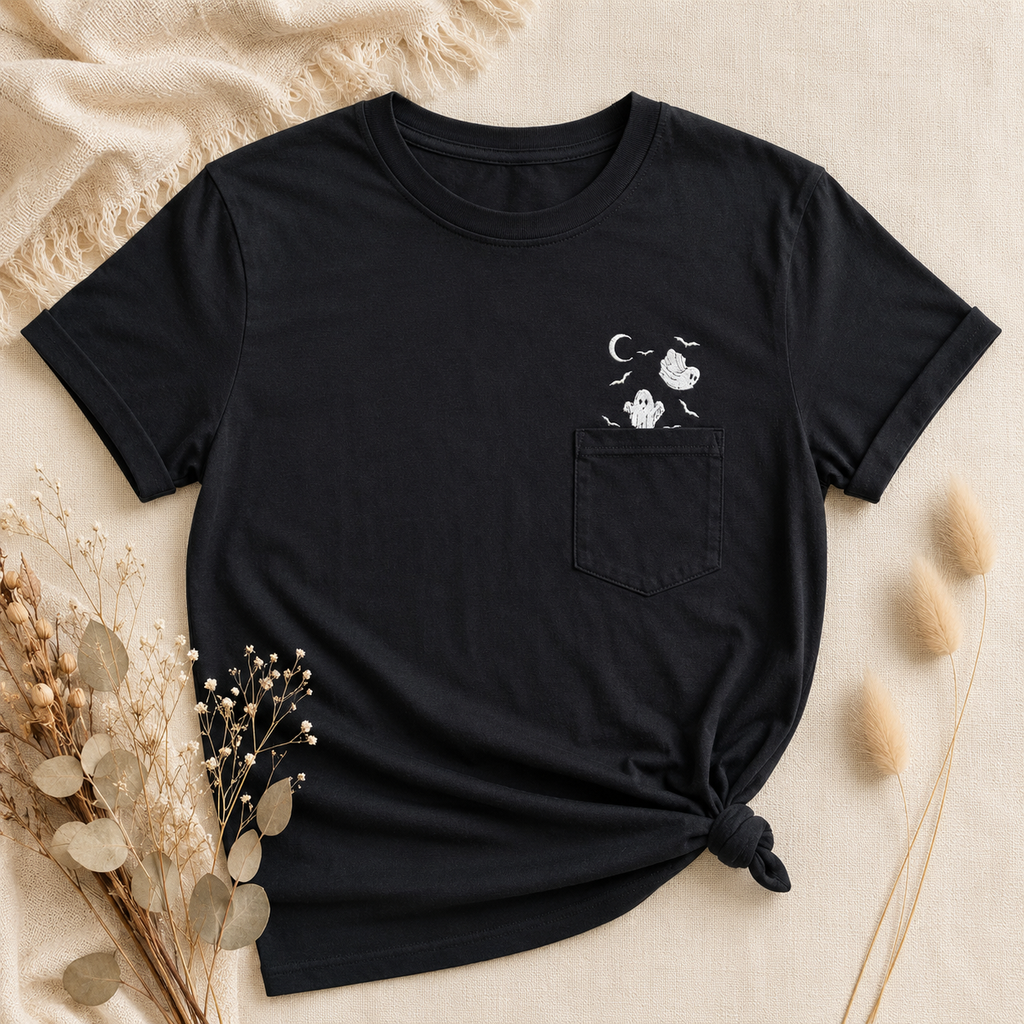 Halloween Ghost Pocket Embroidered Pullover Shirt