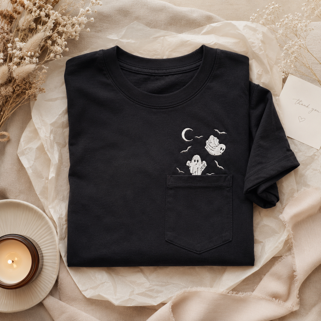 Halloween Ghost Pocket Embroidered Pullover Shirt