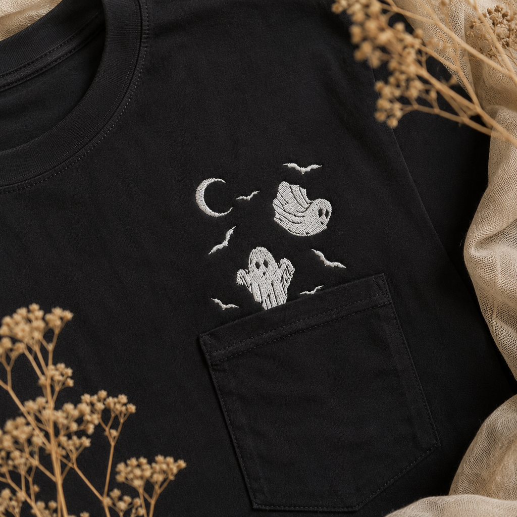 Halloween Ghost Pocket Embroidered Pullover Shirt
