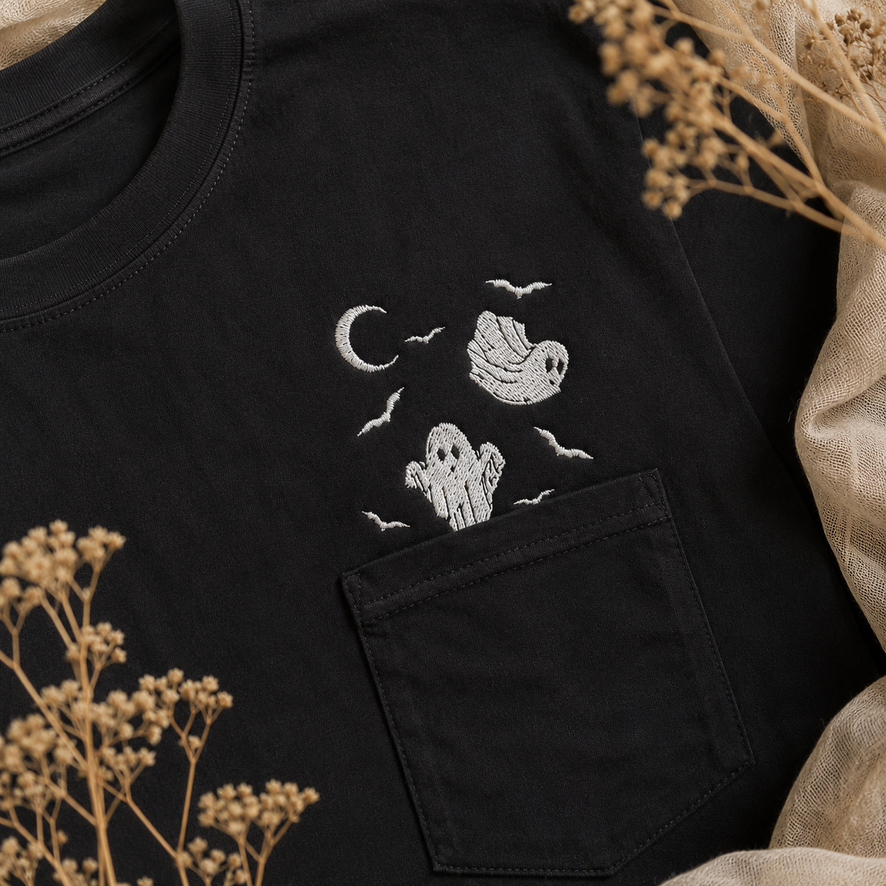 Halloween Ghost Pocket Embroidered Pullover Shirt