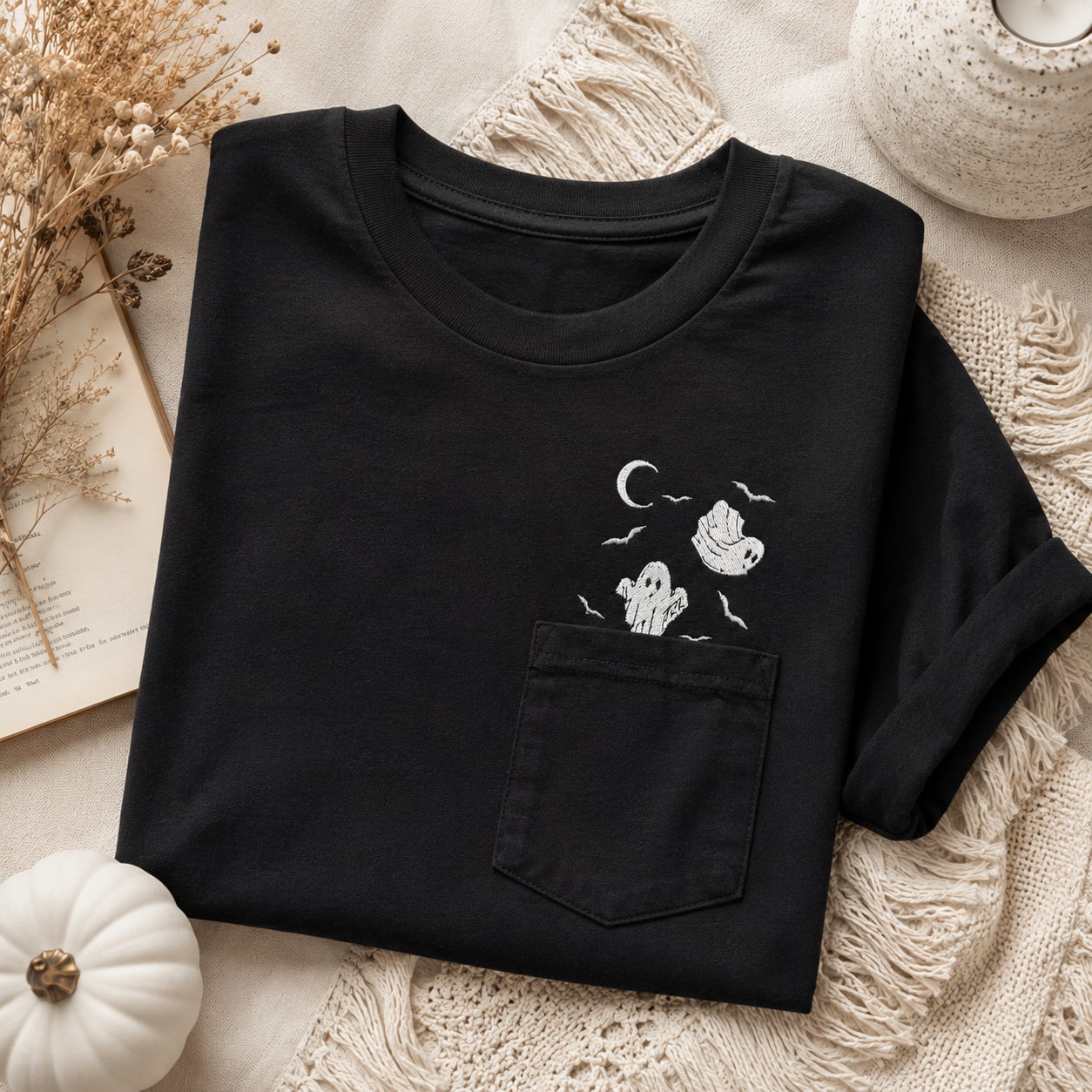 Halloween Ghost Pocket Embroidered Pullover Shirt