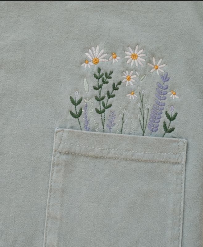 Pullover Spring Flower pocket Embroidered Shirt
