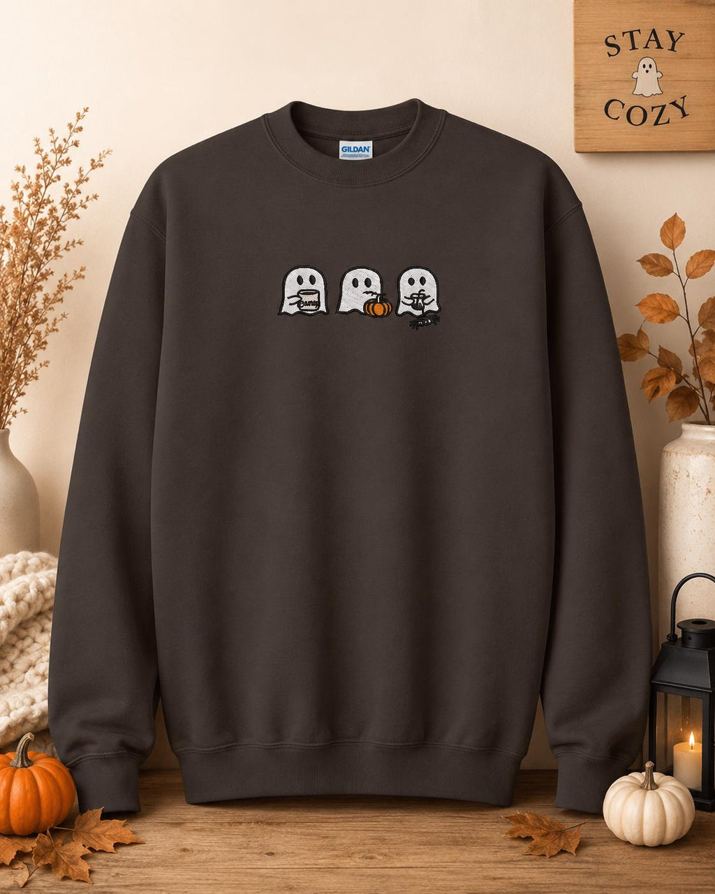 Fall Harvest Ghost Vibes Embroidered Pullover Sweatshirt
