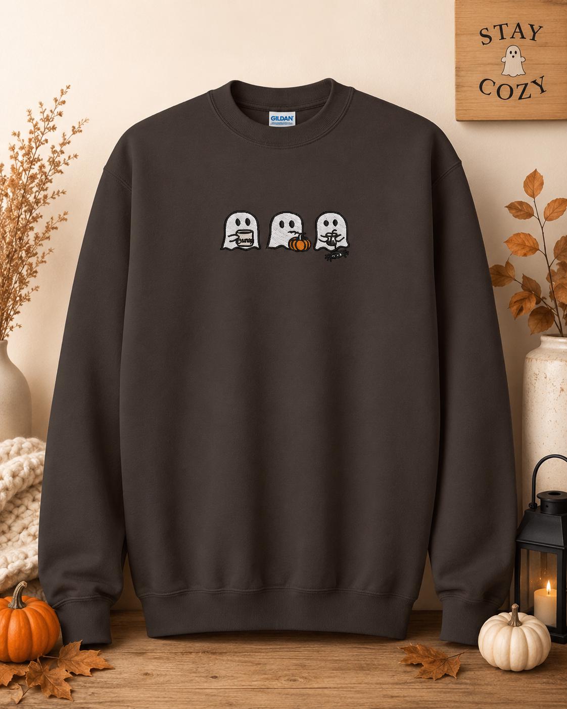 Fall Harvest Ghost Vibes Embroidered Pullover Sweatshirt