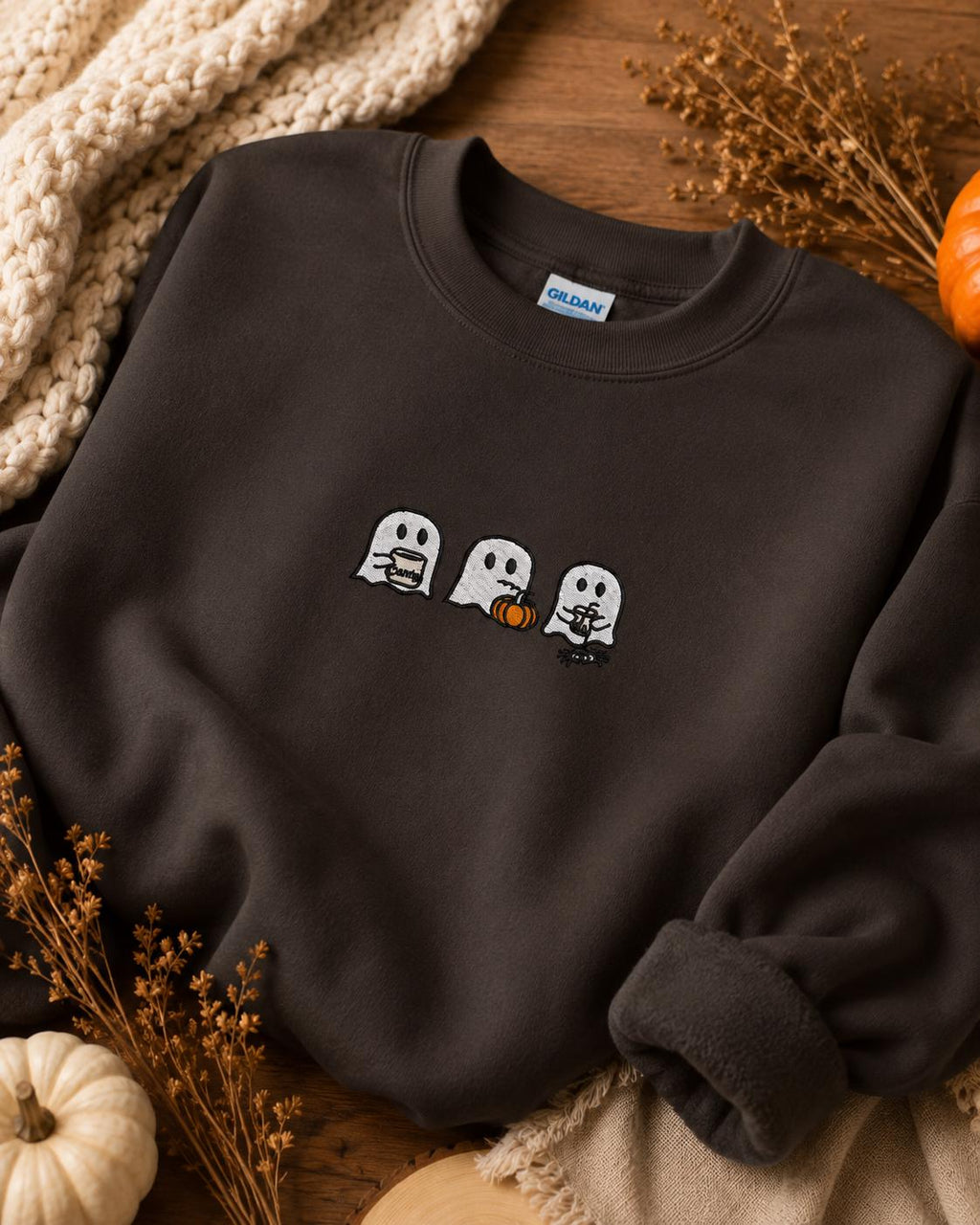 Fall Harvest Ghost Vibes Embroidered Pullover Sweatshirt