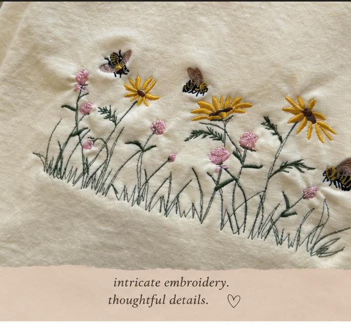 Summer Floral Embroidered Bee Pullover T-shirt