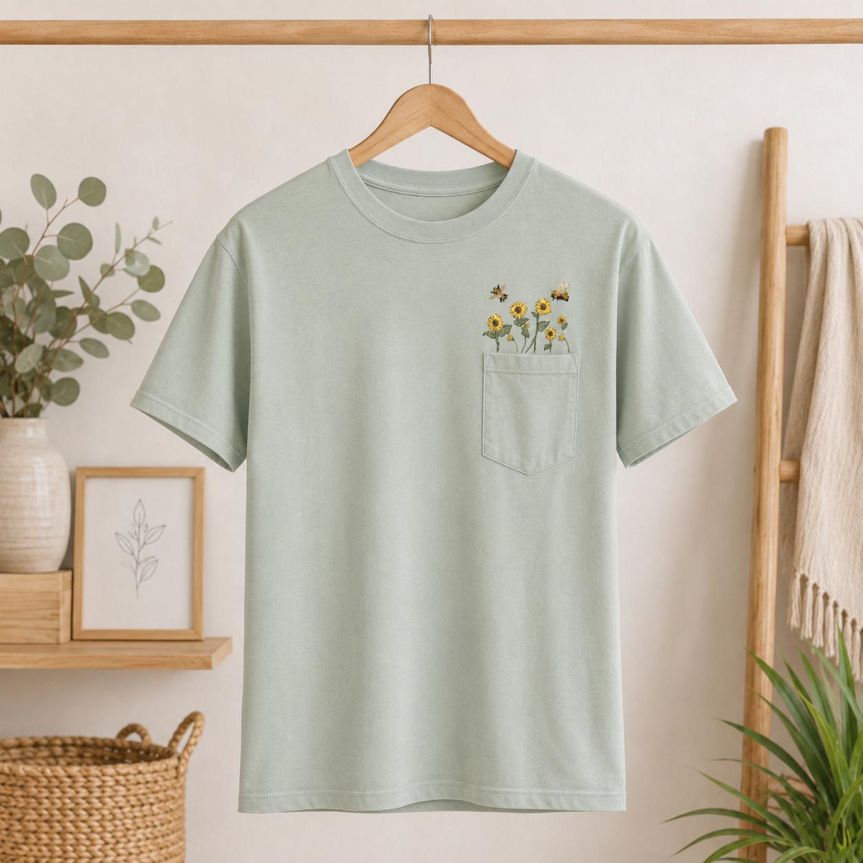 Pullover Bee and Sunflower pocket Embroidered Shirt