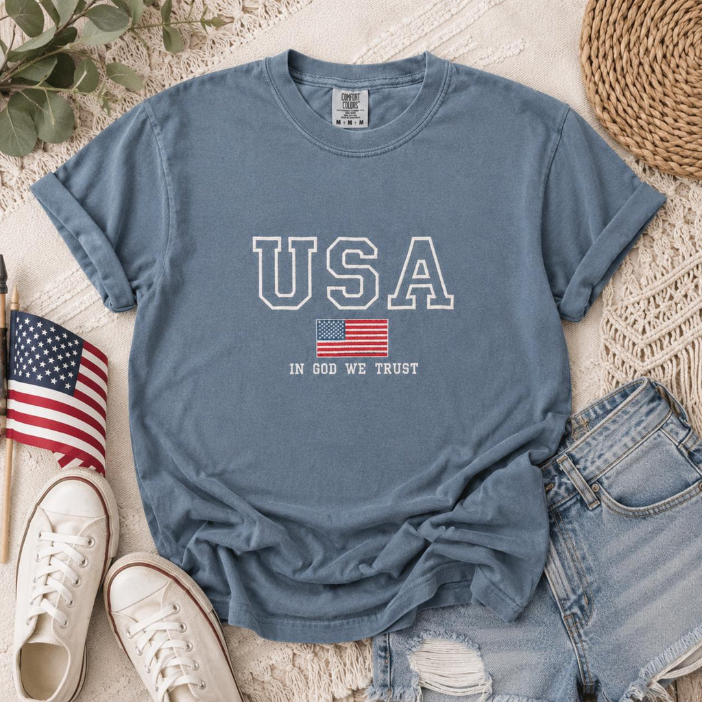 USA Flag Pullover In God We Trust Embroidered Shirt