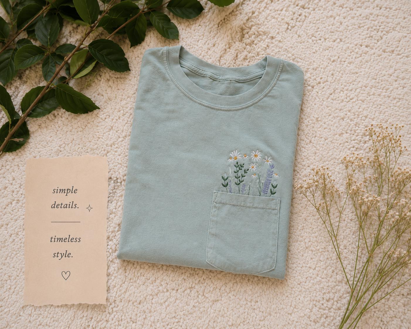 Pullover Spring Flower pocket Embroidered Shirt
